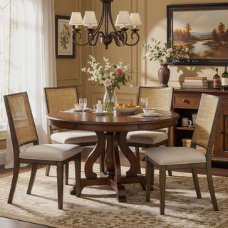 Sunvega Woven Rattan Back Dining Side Chair with Natural Wood Tone and Square Legs