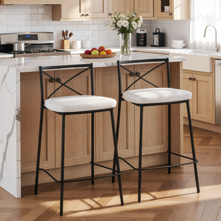 Sunvega Modern Black Metal Frame Counter Stool with White Faux Leather Seat Set of 2