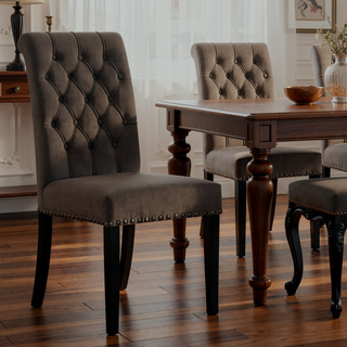 Sunvega Sand and Rustic Espresso Tufted Side Chairs with Rolled Backrest and Padded Seat