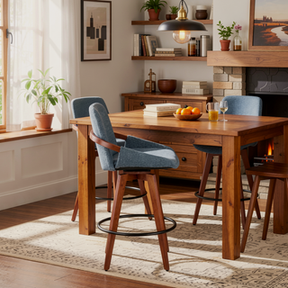 Sunvega Mid-Century Modern Cosmo Counter Stool with Blue Noise Fabric and Walnut