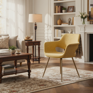 Sunvega Glam Art Deco Chair with Gold Metal Legs and Yellow Fabric Upholstery