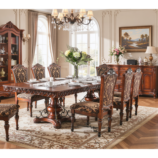Sunvega Brown Cherry Formal Dining Room Side Chairs with Floral Fabric Seats