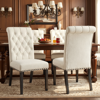 Sunvega Sand and Rustic Espresso Tufted Side Chairs with Rolled Backrest and Padded Seat
