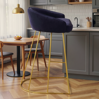 Sunvega Gold Tone Metal Frame Counter Stool with Blue Velvet Upholstered Seat