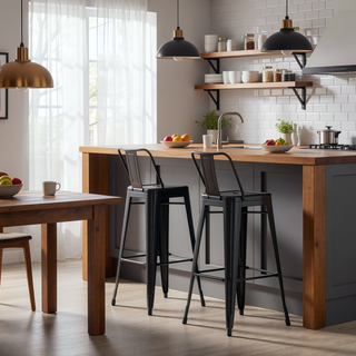 Sunvega Industrial Metal Bar Stool Set of 2 with Curved Back and Foot Rest
