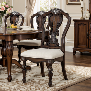 Sunvega Traditional Dark Brown Solid Wood Side Chair with Ornate Corbels