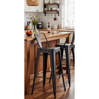 Sunvega Industrial Metal Barstools with Bucket Back in Sanded Matte Black, Set of 4