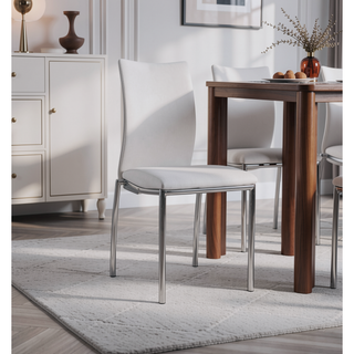 Sunvega Modern Contemporary White Faux Leatherette Dining Chairs with Chrome Legs, Set of 4