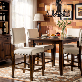 Sunvega Ivory Upholstered Padded Linen Dining Chairs with Nailhead Trim Set of 2
