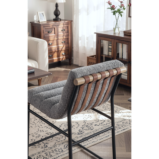 Sunvega Boucle Upholstered Chair with Cognac PU Leather Detailing and Black Iron Legs
