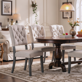Sunvega Beige Linen Upholstered Transitional Side Chairs with Tufted Back and Tapered Legs
