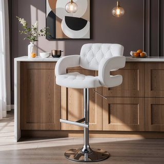 Sunvega Adjustable Bar Stool with Upholstered Seat and Pedestal Base in White Finish