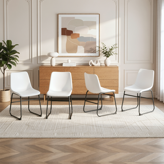 Sunvega Set of 4 White PU Leather Chairs with Black Metal Frame and Non-Slip Pads