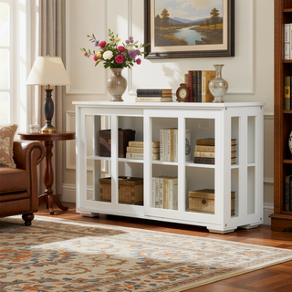Sunvega White Kitchen Storage Stand Cupboard With Glass Door And Adjustable Shelves