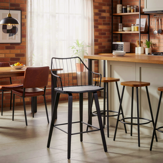 Sunvega Winston Farmhouse Counter Stool with Wood Seat and Metal Spindle Backrest
