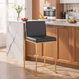 Sunvega Fuji High Back Counter Stool Set of 3 in Gold Steel and Black Faux Leather