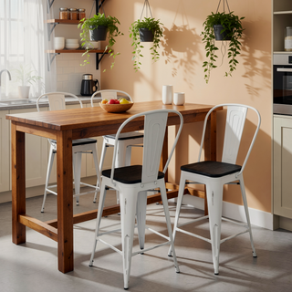 Sunvega Industrial High Back Counter Stools with Steel Frame and Bamboo Seat