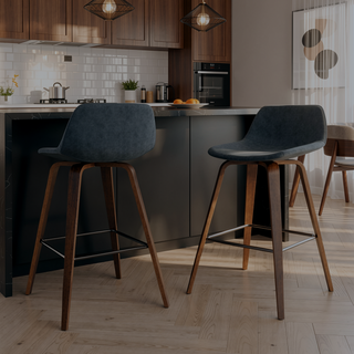 Sunvega Distressed Blue Vegan Faux Leather Upholstered Bentwood Bar Stools Set of 2