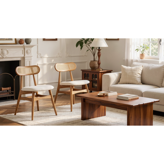 Sunvega Modern Cane Dining Chairs with Rectangular Backrest in Black and Gray