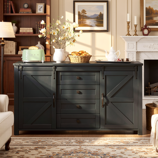 Sunvega 55.1-Inch Farmhouse Sideboard with Sliding Barn Doors and 4 Drawers