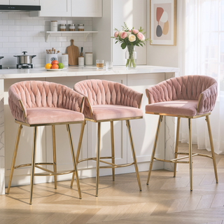 Sunvega Lambswool Fabric Counter Height Bar Stools Set of 2 with Wave Back