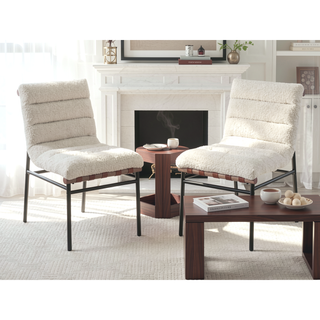 Sunvega Boucle Upholstered Chair with Cognac PU Leather Detailing and Black Iron Legs
