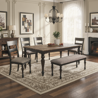 Sunvega Traditional Upholstered Dining Bench with Turned Legs in Charcoal Gray