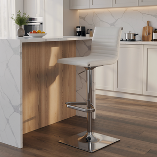 Sunvega Contemporary Adjustable Swivel Bar Stool in White Faux Leather