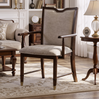 Sunvega Transitional Upholstered Arm Chair with Gold Capped Legs and Dark Cherry Finish
