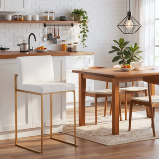 Sunvega Fuji Contemporary High Back Counter Stool Set of 3 in Gold Steel and White Velvet