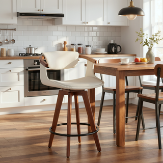 Sunvega Mid-Century Modern Counter Stool with Walnut Wood Accents and Faux Leather