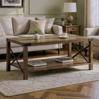 Sunvega Rustic Oak Finish X Shape Slat KD Rectangular Coffee Table