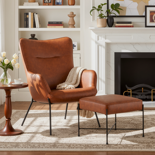 Sunvega Industrial Lounge Chair and Ottoman Set with Black Metal Frame and Faux Leather