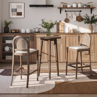 Sunvega Natural Oak and Cane Rattan Counter Stools with Black Boucle Upholstery
