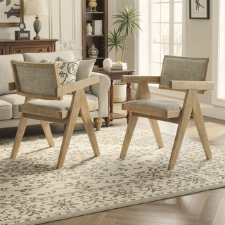Sunvega Farmhouse Style Light Oak Wood Frame Upholstered Armchair Set for Dining Room