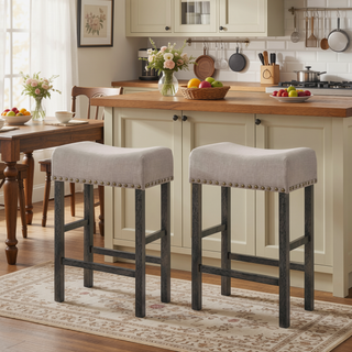 Sunvega Counter Height Stools with Tan Linen Upholstery and Weathered Grey Legs
