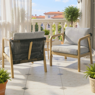 Sunvega Solid Acacia Wood Outdoor Conversation Chair Set with Grey Rope Cording