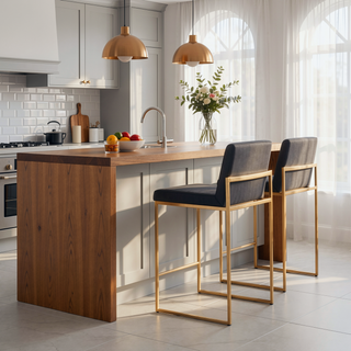 Sunvega Gold Steel Grey Faux Leather High Back Counter Stool Set of 3