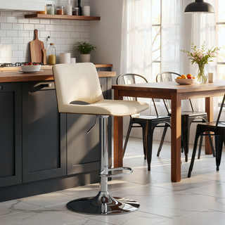 Sunvega Adjustable Swivel Cream Faux Leather Bar Stool with Walnut Back