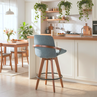 Sunvega Mid-Century Modern Cosmo Counter Stool with Blue Noise Fabric and Walnut