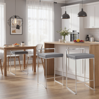 Sunvega Contemporary Stackable Counter Stool with Grey Faux Leather and Brushed Stainless Steel