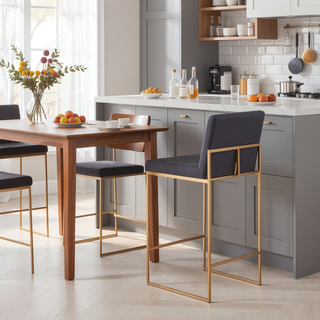 Sunvega Fuji High Back Counter Stool Set of 3 in Gold Steel and Black Faux Leather