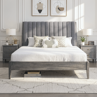 Sunvega Modern Velvet Upholstered Queen Platform Bed with Gray Wood Legs