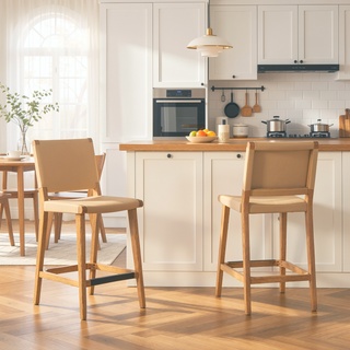 Sunvega Saddle Kitchen Island Counter Stool with Back in Sunkissed Beige Leather