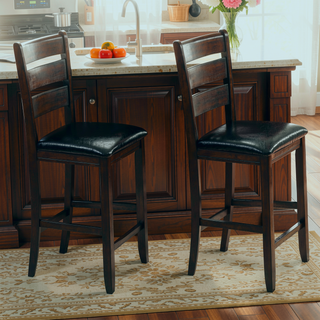 Sunvega Espresso Finish and Black Faux Leather Counter Height Chairs with Ladder Back
