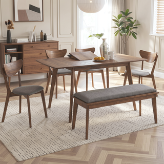 Sunvega Upholstered Dining Bench with Walnut Finish and Flat Tapered Legs