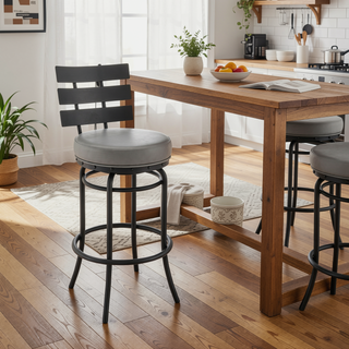 Sunvega Black Swivel Counter or Bar Stool with Gray Faux Leather Upholstery