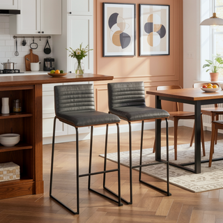 Sunvega Mason Mara Contemporary Fixed-Height Barstool in Black Metal and Grey Faux Leather