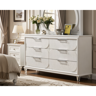 Sunvega Contemporary Glam Pearl White Nightstand with Embossed Panels and Acrylic Handles