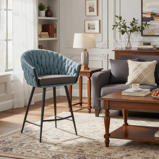 Sunvega Braided Matisse Contemporary Counter Stool with Faux Leather Upholstery and Black Metal Frame